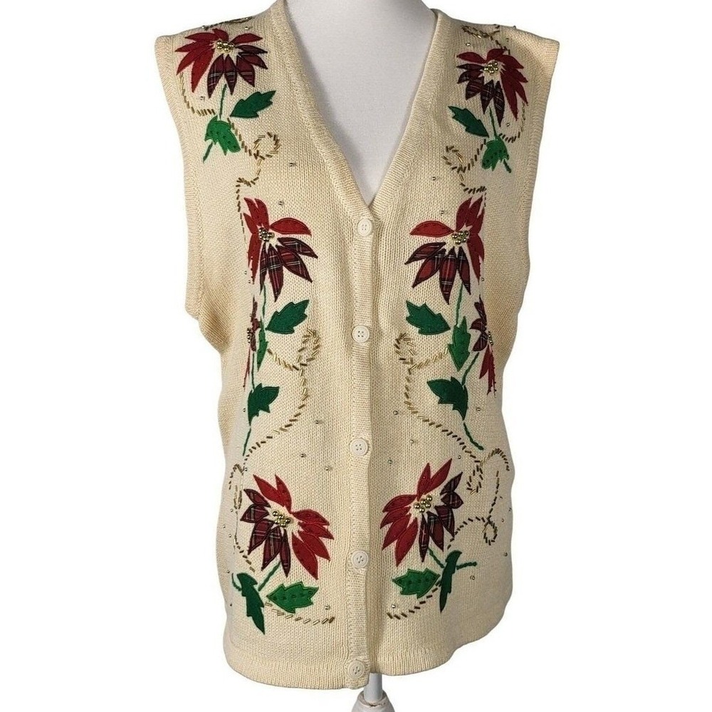 Bobbie Brooks Poinsettia Holiday Christmas Sweater Vest Embroidered Size Le L